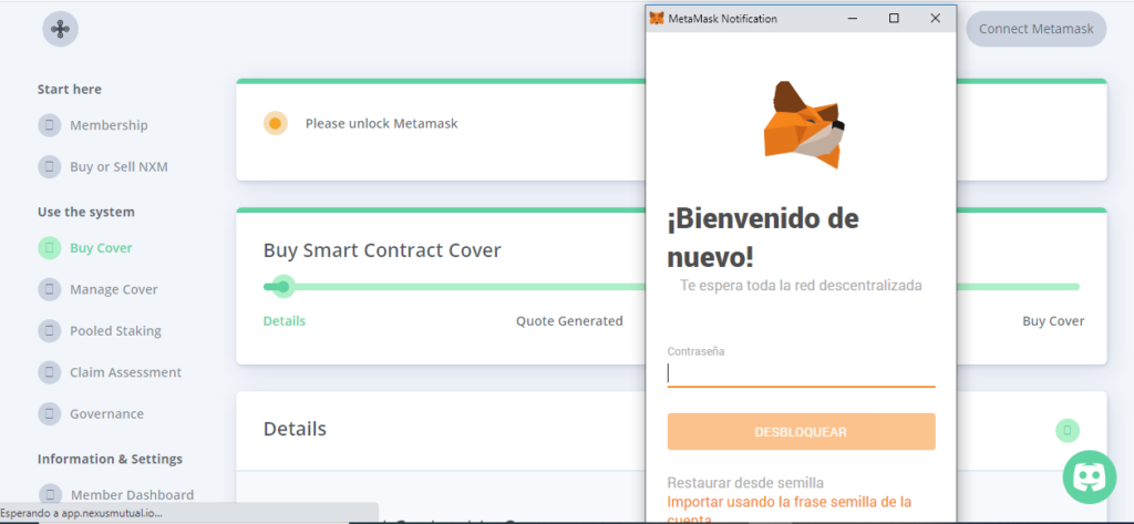 Para poder usar la aplicación Nexus Mutual, se debe instalar el complemento MetaMask al navegador