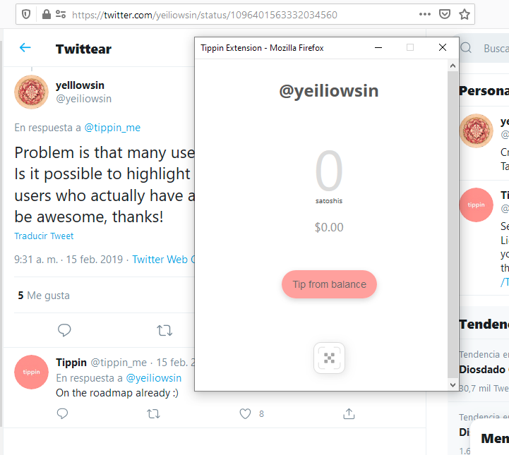 Solamente usuarios en Twitter, que hayan vinculado su cuenta con Tippin.me pueden obtener propinas de otros