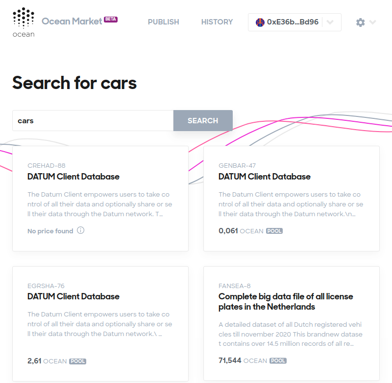 En la aplicación de Ocean Market hay un buscador para realizar búsquedas de bases de datos en venta.