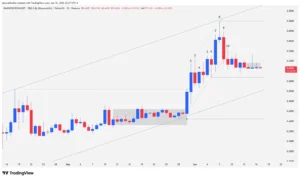 Daily Japanese candlestick chart of BIANRENSHENG/USDT showing a macro ascending channel, a climatic bar at the top, and the subsequent lateral congestion phase over technical support at 0.6180 dollars.