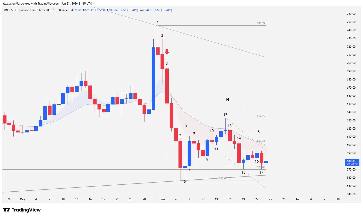 Daily price action chart of Binance Chain (BNB/USD) showing a Head-and-Shoulders pattern and support test.
