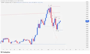Daily chart of Hyperliquid (HYPE) cryptocurrency showing candlestick analysis with support levels at $52.67 and resistance at $75.75.