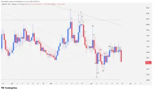 Daily chart of QNT cryptocurrency showing a double top pattern at 81.66 dollars, 20 EMA breakout, and current drop toward support at 60.19 dollars.