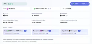Incentra dashboard showing Usual financial metrics, including a 2.63% APR, $132.53K TVL, and USUAL token reward details within TAC Mainnet.