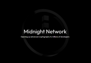 Official logo of the Midnight Foundation's Night Sky accelerator program on a blockchain privacy tech background.