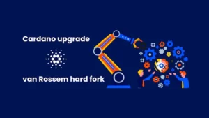 Digital graphic featuring the Cardano logo over a background of interconnected nodes celebrating the Van Rossem upgrade.