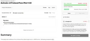 Uniswap governance interface displaying the approved and executed vote result for v4 protocol fees with 46.6M votes in favor.