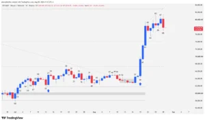 Bitcoin daily price chart showing the bullish breakout across bars 59 through 61 and a bull flag consolidation at resistance.