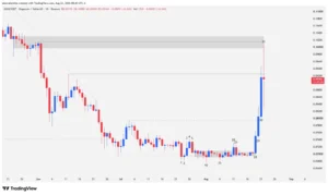 Dogecoin candlestick chart showing a bullish acceleration pattern and a wide-range doji candle at resistance.