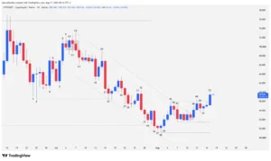 Hyperliquid HYPE 1D candlestick chart evidencing the bearish trendline breakout at bar 53.