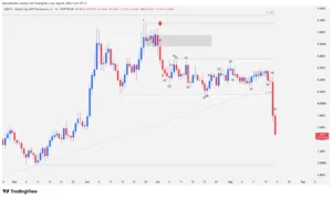 Technical chart of USDT dominance showing the bearish breakdown on Bar 56 and the loss of 8.15% support.