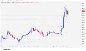 Daily Zcash chart showing the bullish channel breakout and new all-time high at $888.