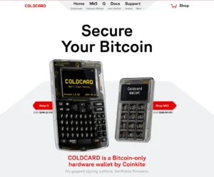 Bitcoin analysis chart and a Coldcard hardware wallet device impacted by the firmware security flaw.