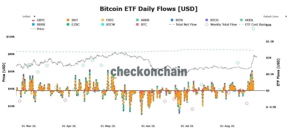 Chart showing daily capital inflows into Bitcoin ETFs in August 2026.