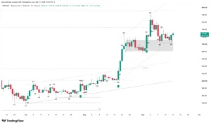 Binance Coin candlestick chart highlighting supports and bull channel breakouts on a daily timeframe.