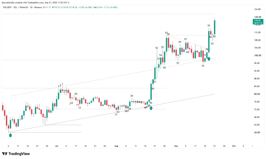 Solana daily candlestick chart showing the bull flag pattern and bar 79 breakout.