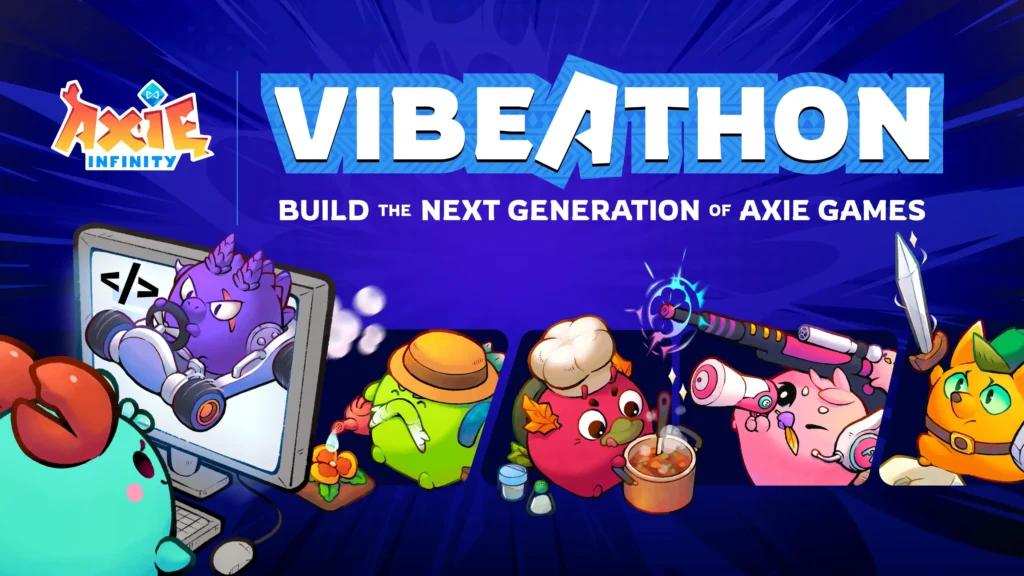 Developer interacting with AI tools and Axie Core resources to build a Web3 game in the Axie Vibeathon.